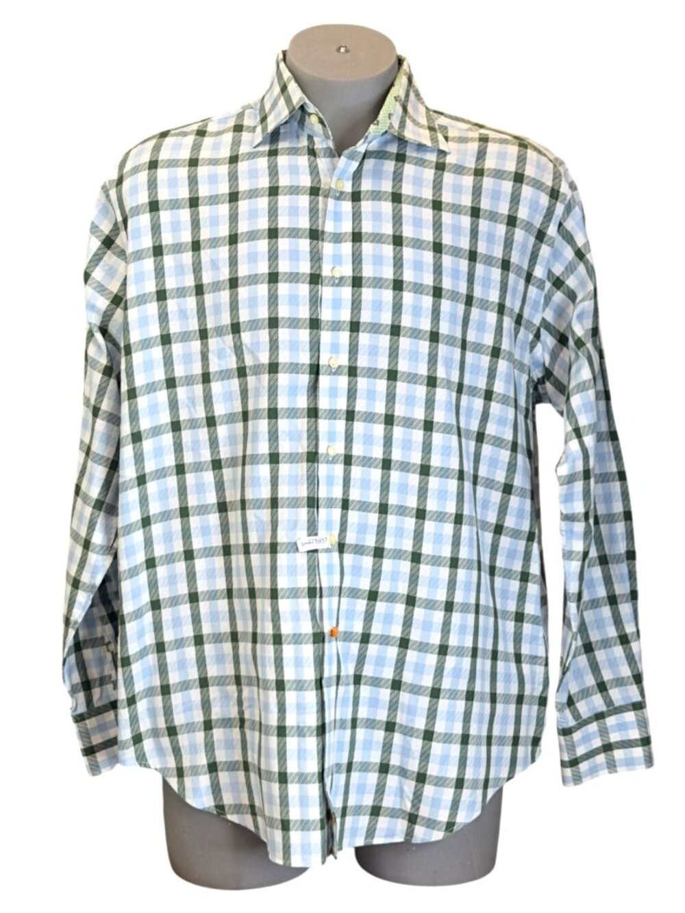 Thomas Dean Blue Green Plaid Dress Shirt Mens XL 16 Long Sleeve 100% Cotton